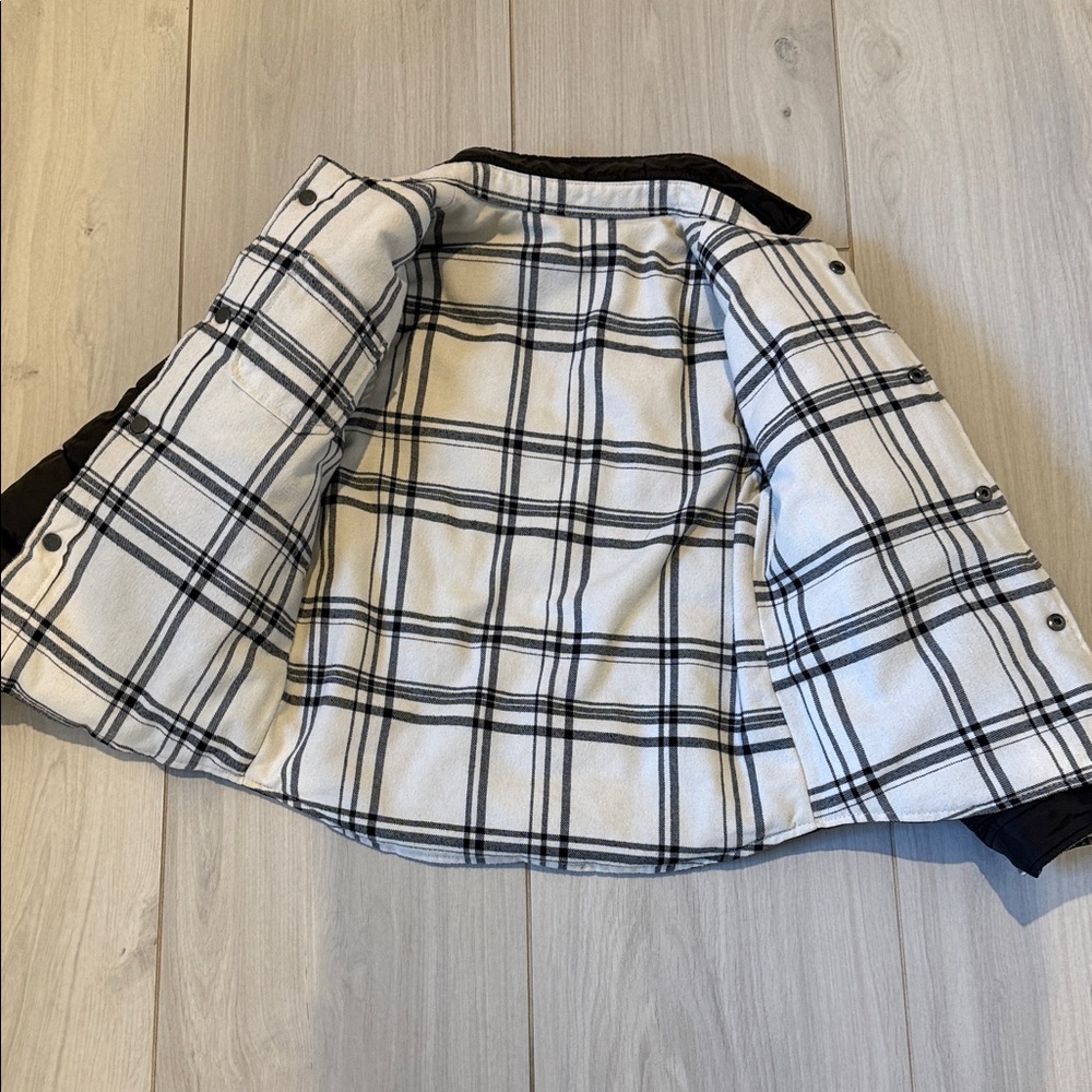 IKKS brand Kids Reversible Black Puffer Jacket, interior soft cream plaid, size - Picture 5 of 8